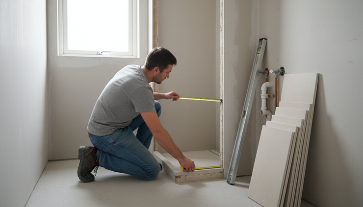 Eye-level view of a bathroom fitter measuring a shower area with tiles stacked nearby