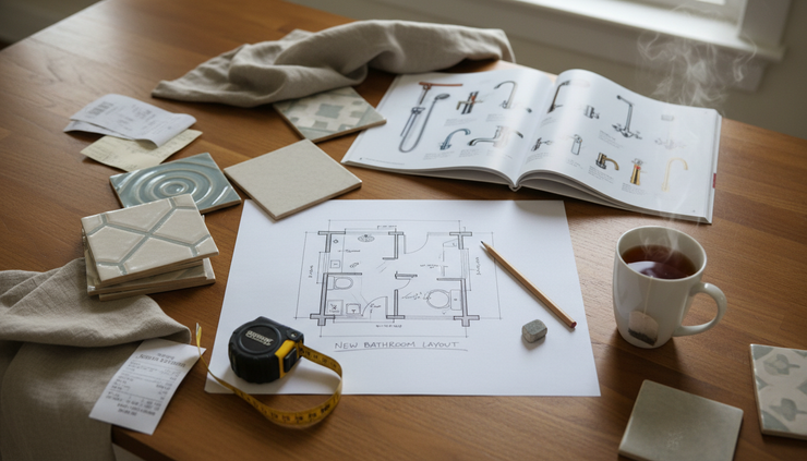 Overhead view of a bathroom project plan with tile samples, a tape measure, and fixture sketches