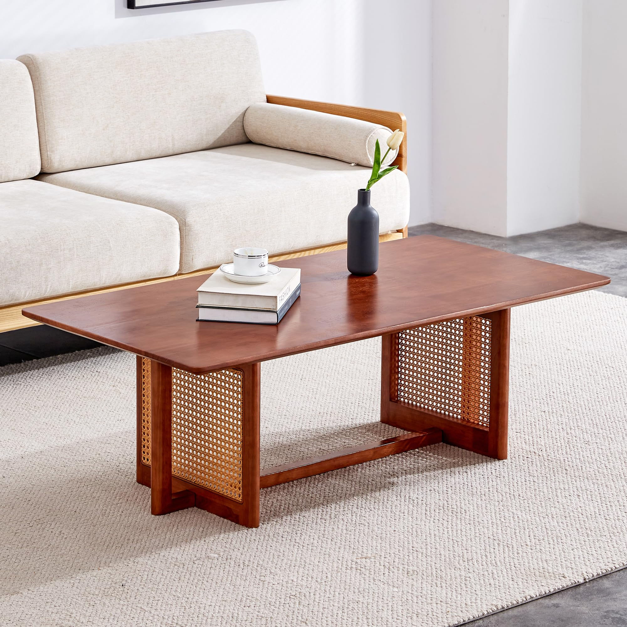 Ganooly Mid Century Modern Wood Coffee Table with PE Rattan Stand 47 Inch Rectan