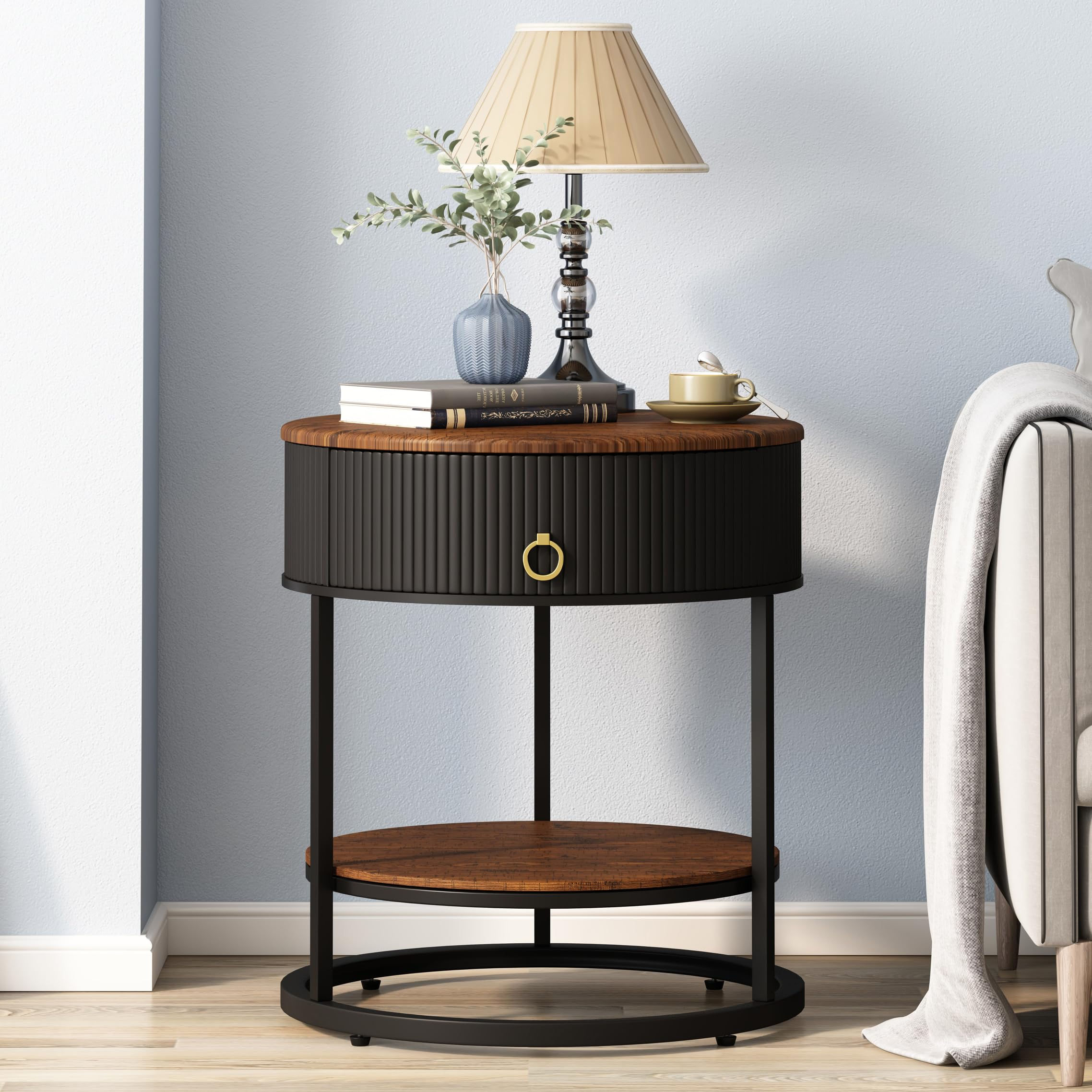 OIOG Round End Table with Drawer Modern Wood Grain Side Table with Shelf 2-Tier