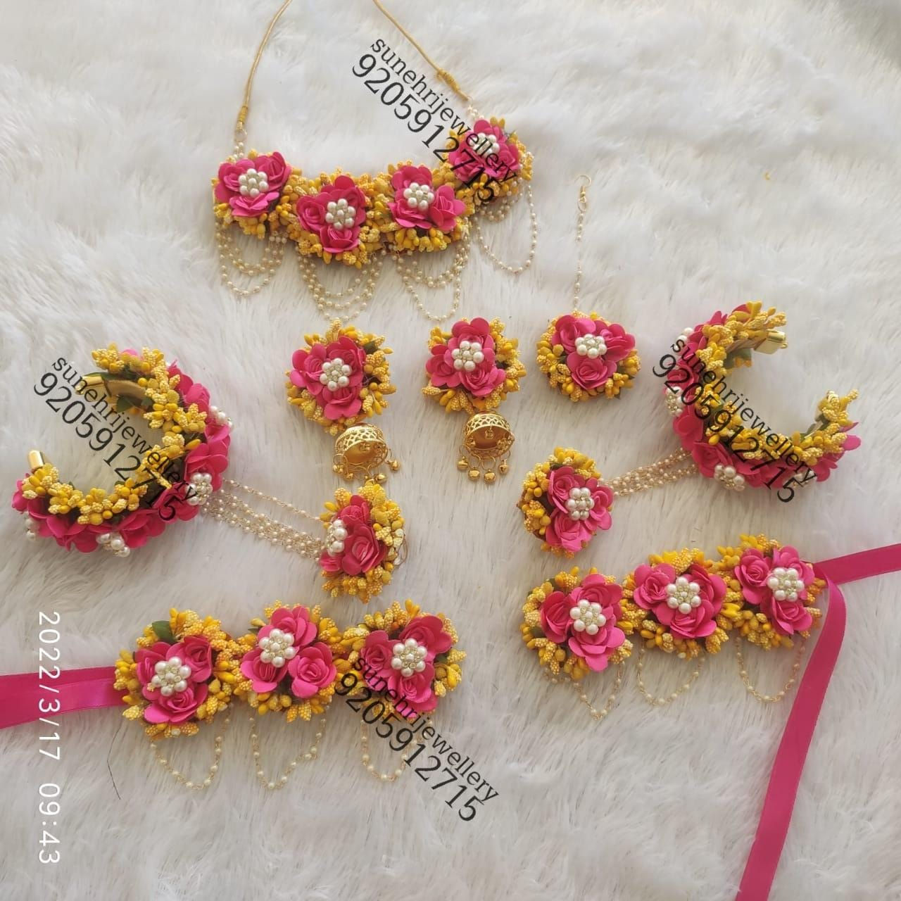 Traditional pearl with Pink- Yellow Floral Jewellery set