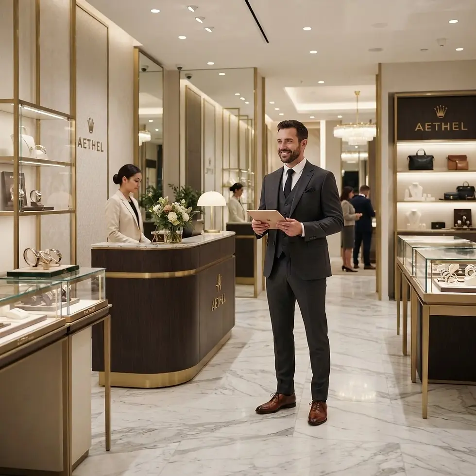 Studio photography of the elegant interior of the AETHEL luxury retail store. A businessman holding a tablet stands near a reception desk with a sales associate.