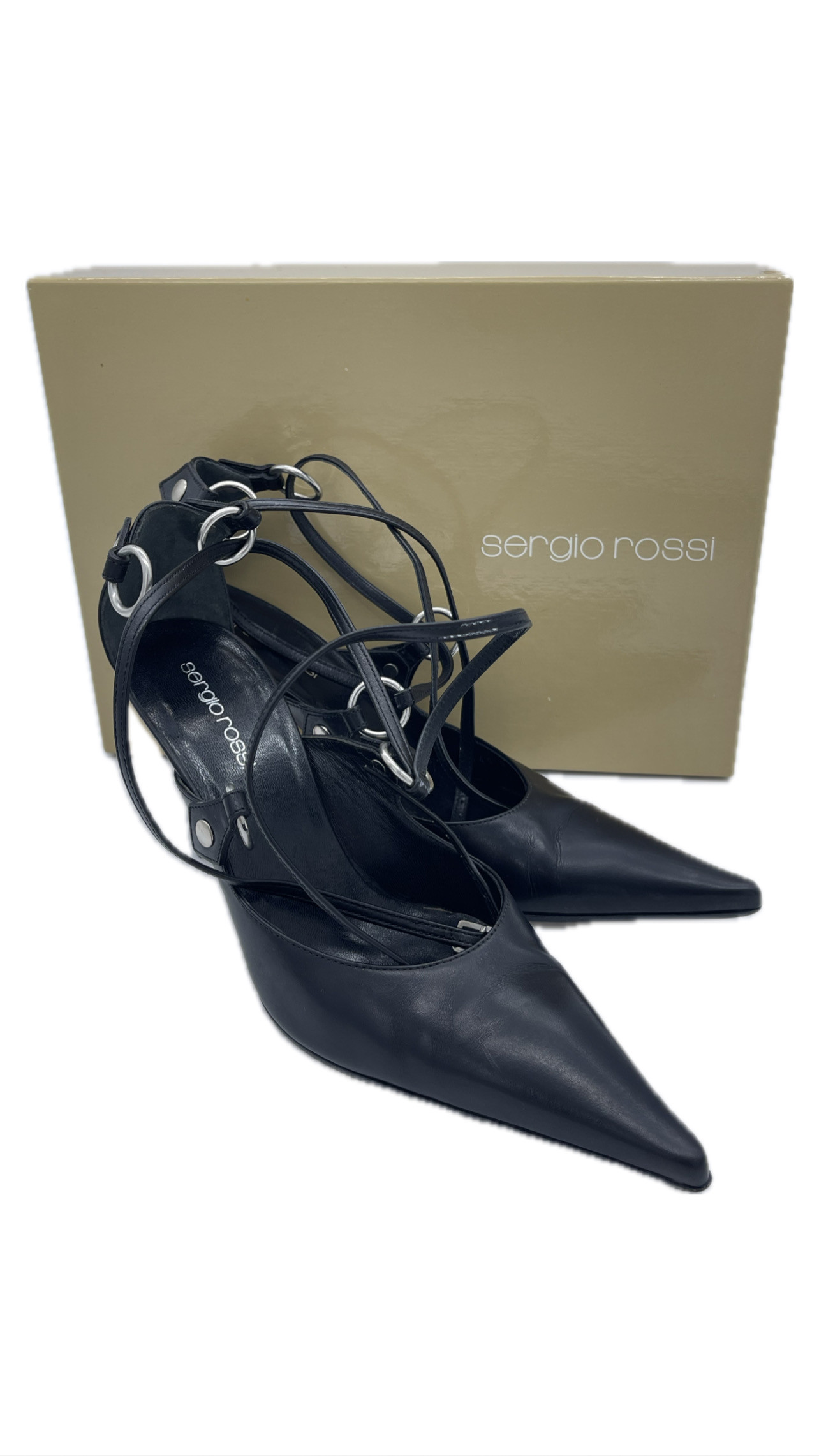 Sergio Rossi Black Leather Ankle Loop Strap Pointed Toe Pump image 5