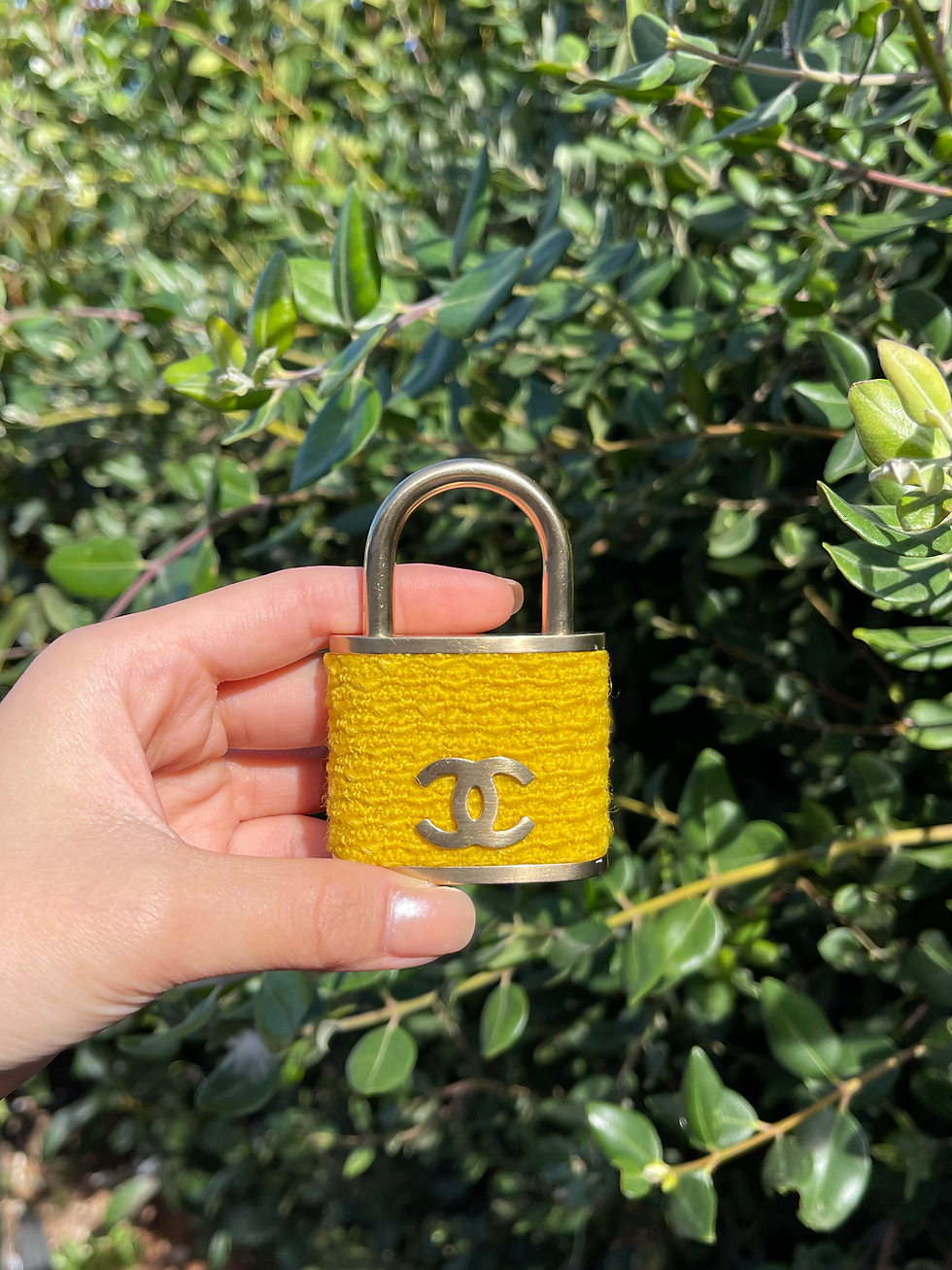 Thumbnail: Chanel Gold Tone Metal and Yellow Tweed Oversize Padlock Brooch