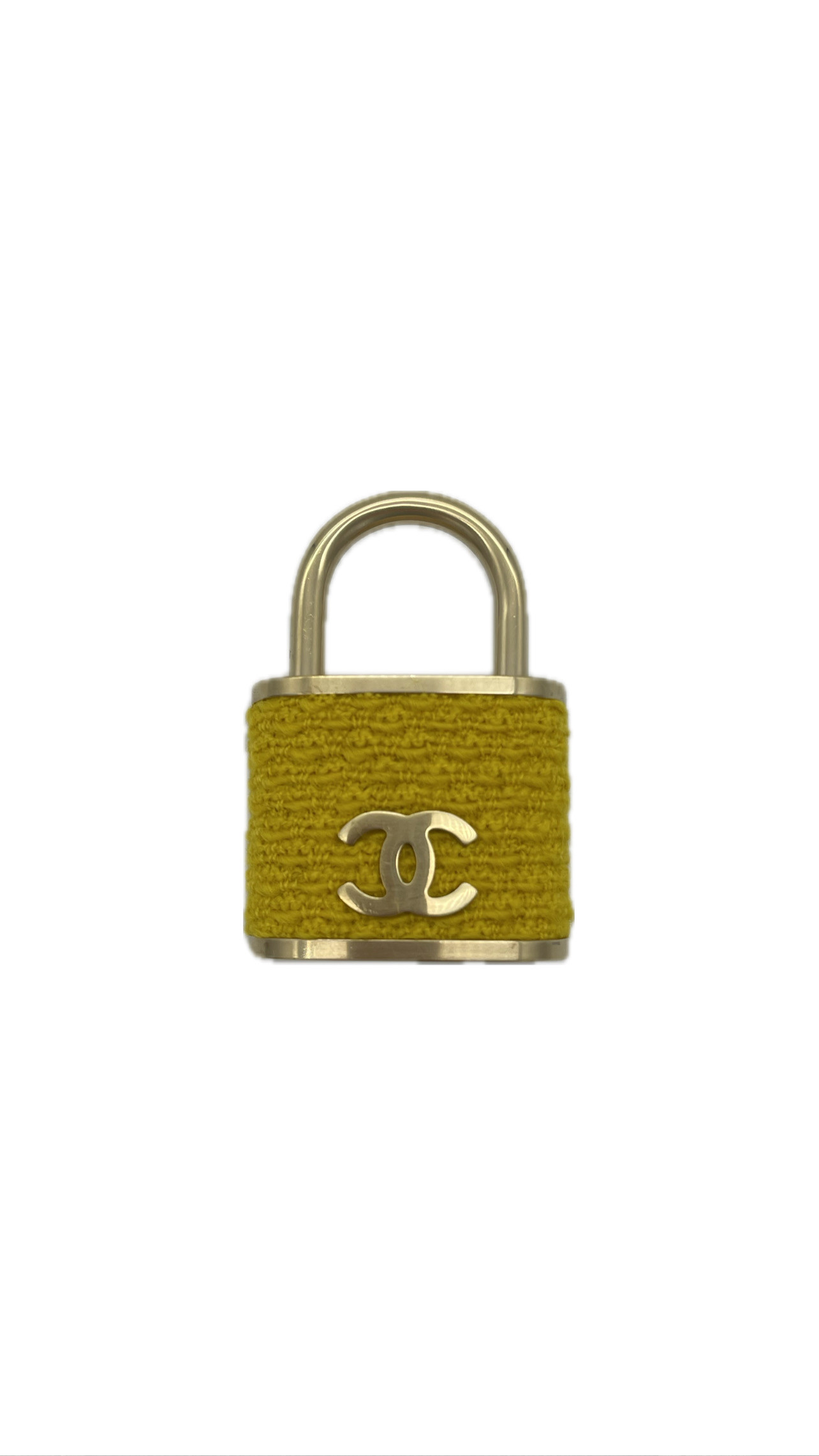 Chanel Gold Tone Metal and Yellow Tweed Oversize Padlock Brooch — pre-loved Chanel at The Handbag Room Australia