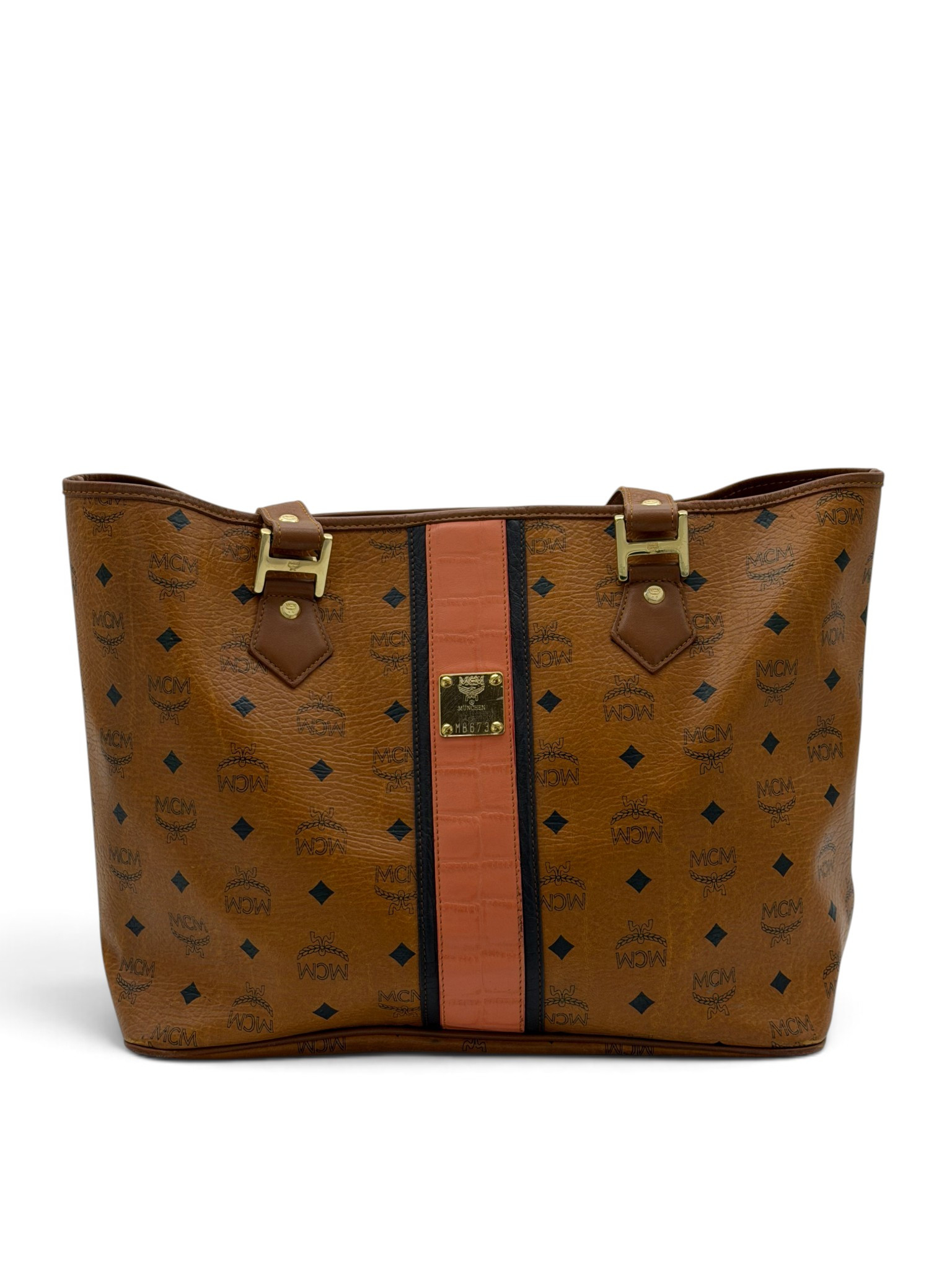 MCM Vintage Visetos Cognac Shopper Tote