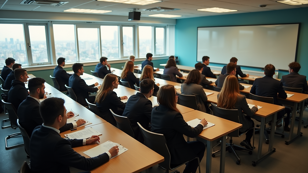 High angle view of a classroom filled with students engaging in conversation