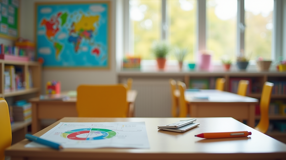 Eye-level view of a colorful classroom filled with educational materials