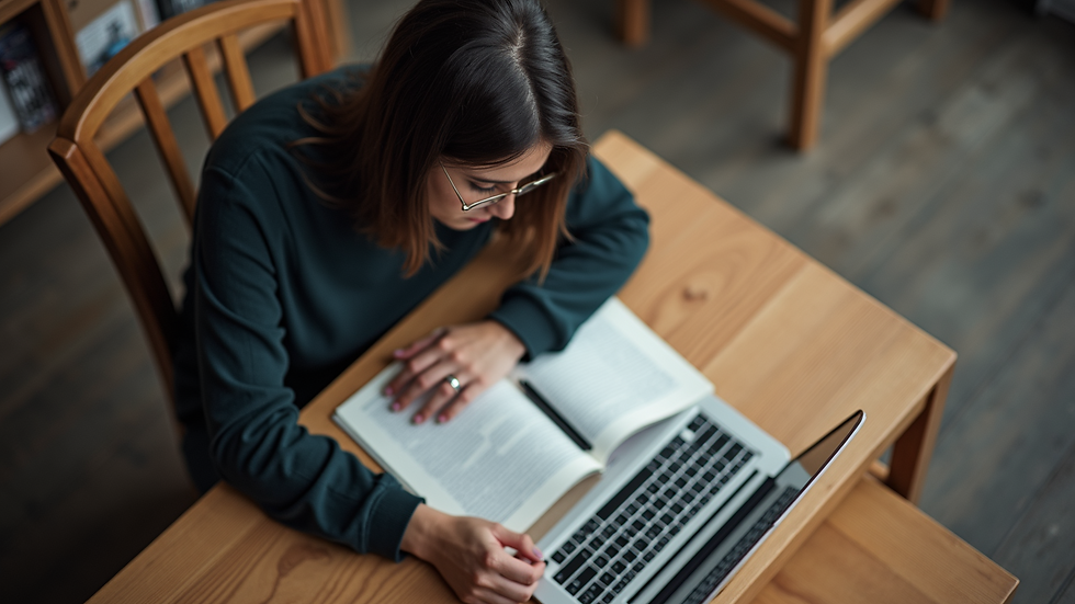 High angle view of a person studying English with a laptop