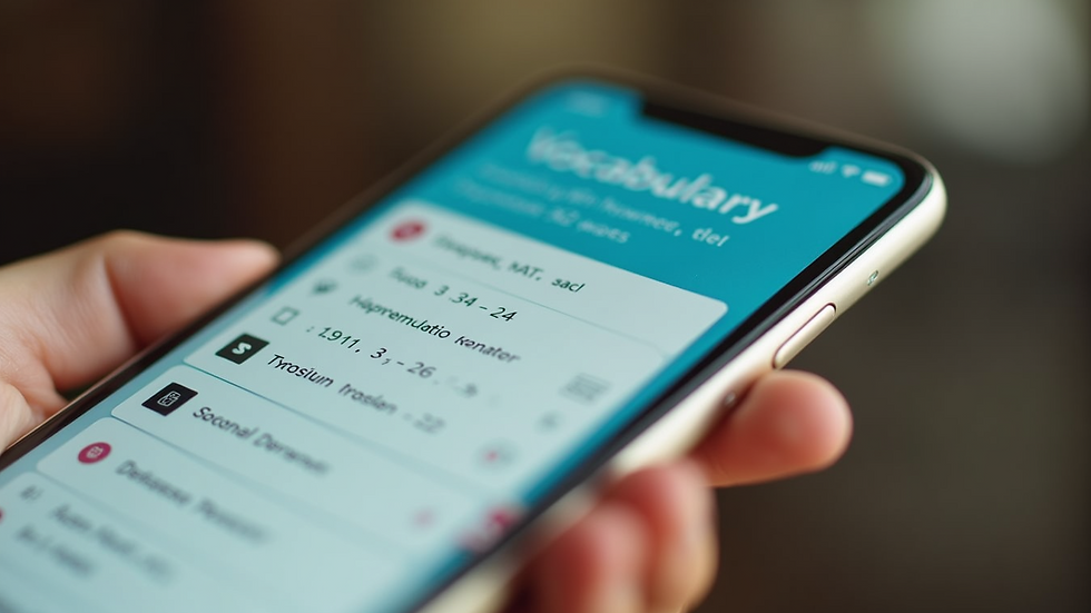 close-up view of a smartphone displaying vocabulary learning app