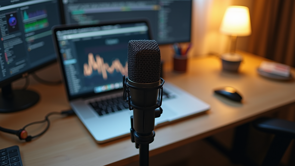 High angle view of a home office setup with a microphone and laptop