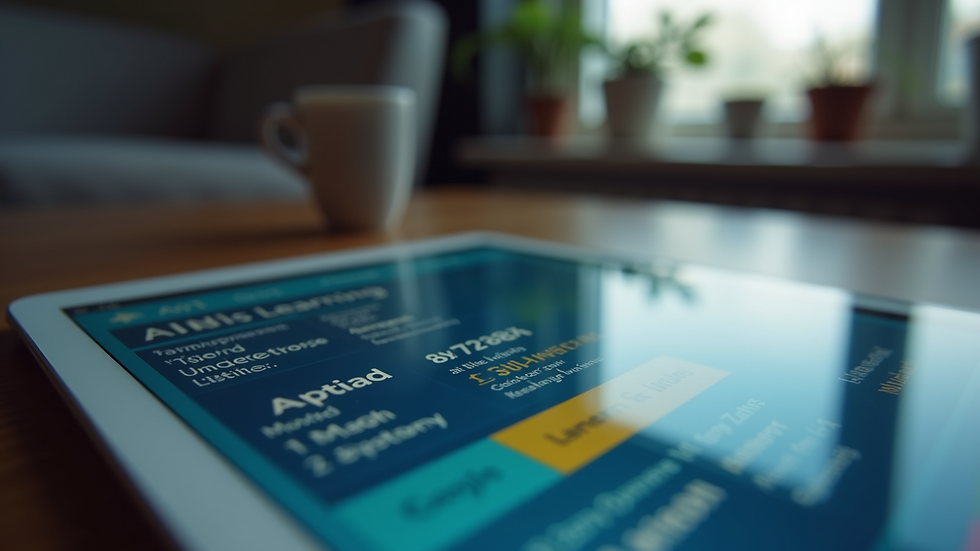 close-up view of a tablet screen showing an AI English learning app