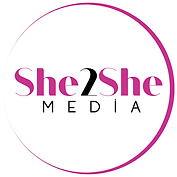 **Alt text:** She2She Media logo featuring pink and black text inside a circular outline on a white background.