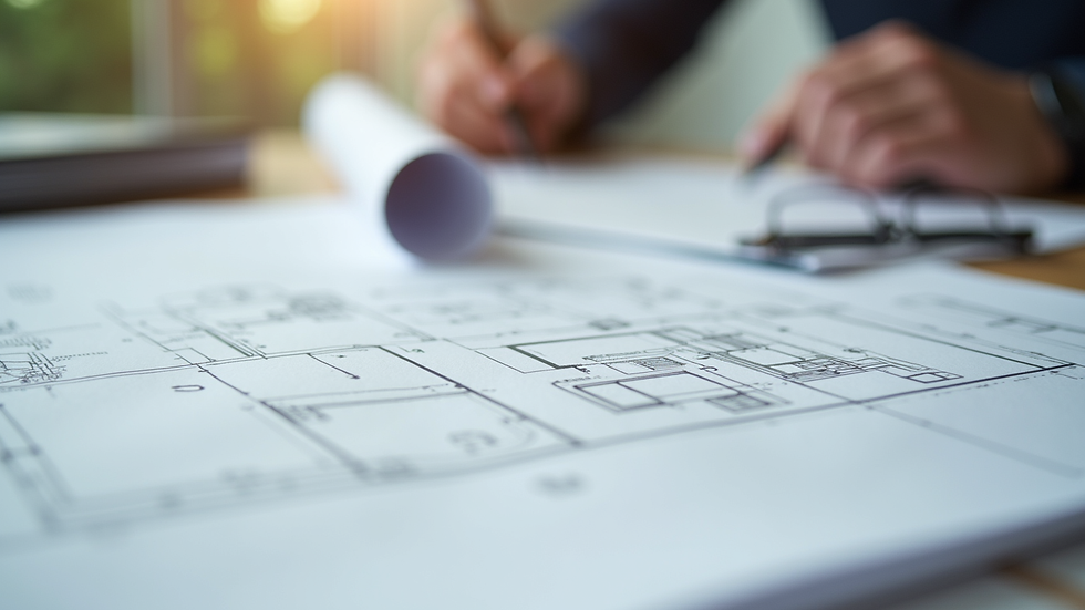 Close-up view of architectural plans and a permit application on a table