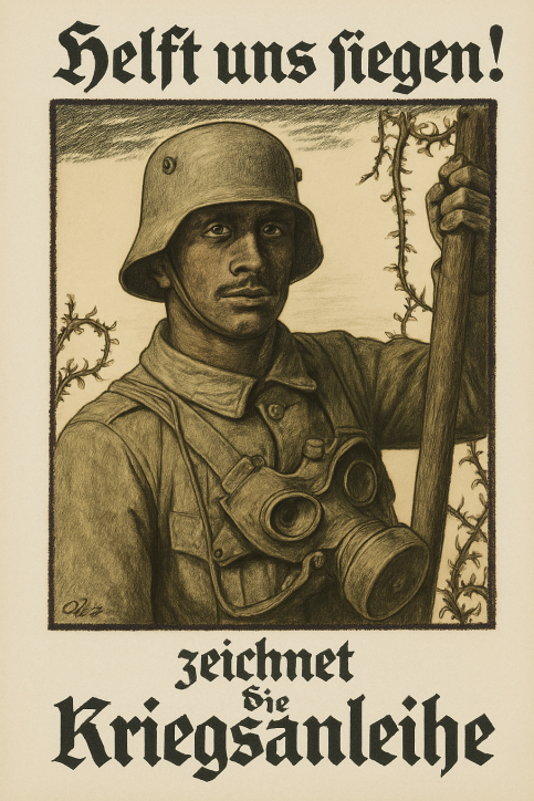 Cartaz de propaganda da Alemanha, com um soldado e a frase em alemão "Helft uns siegen! Zeichnet die Kriegsanleihe" (Ajude-nos a vencer! Assine o empréstimo de guerra)