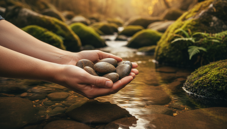 Close-up view of hands holding smooth stones beside a quiet stream