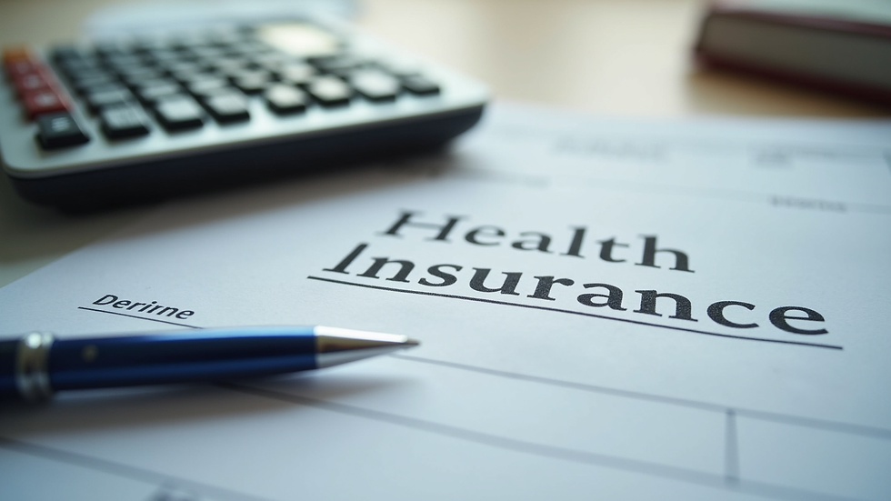 Close-up view of a calculator and health insurance forms on a table