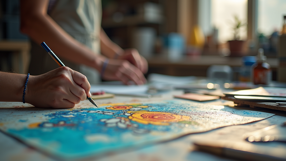 Close-up view of an artist’s workspace with vibrant and colorful artwork