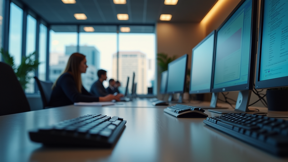 Eye-level view of a modern office workspace with computer screens