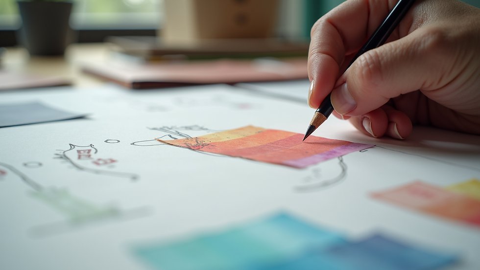 Close-up view of a designer’s workspace with sketches and color swatches