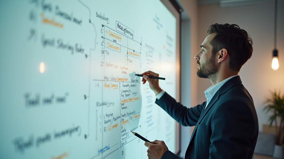 High angle view of a developer brainstorming at a whiteboard