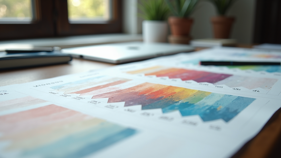 Close-up view of a designer’s desk with sketches and color swatches for website design