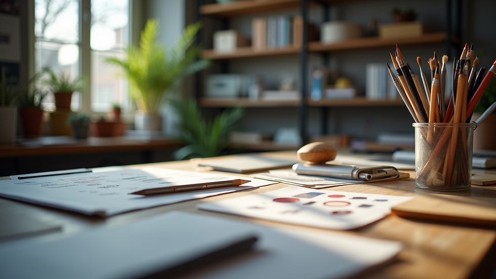 eye-level view of a creative studio filled with design tools