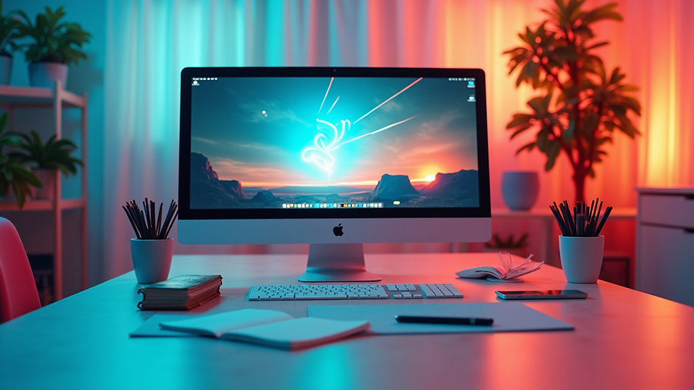 Eye-level view of colorful minimalistic tech workspace