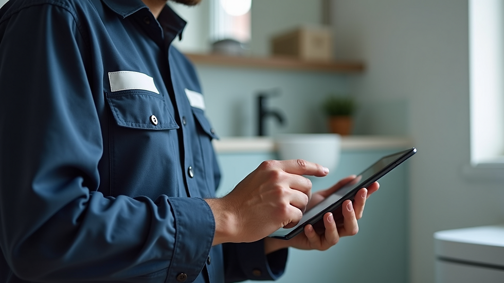 Eye-level view of a plumber explaining services on a tablet