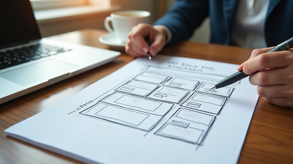 High angle view of a website wireframe sketch on paper with a laptop and coffee cup