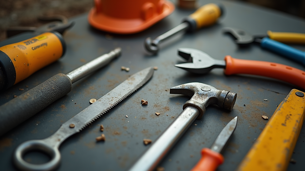 Wide angle view of construction tools arranged neatly