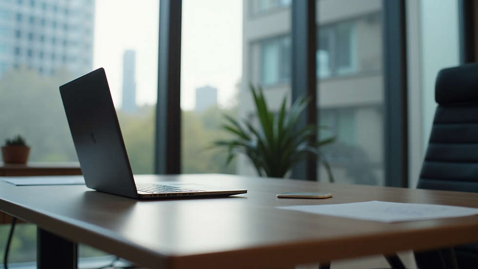 Wide angle view of a modern office with a laptop on a desk