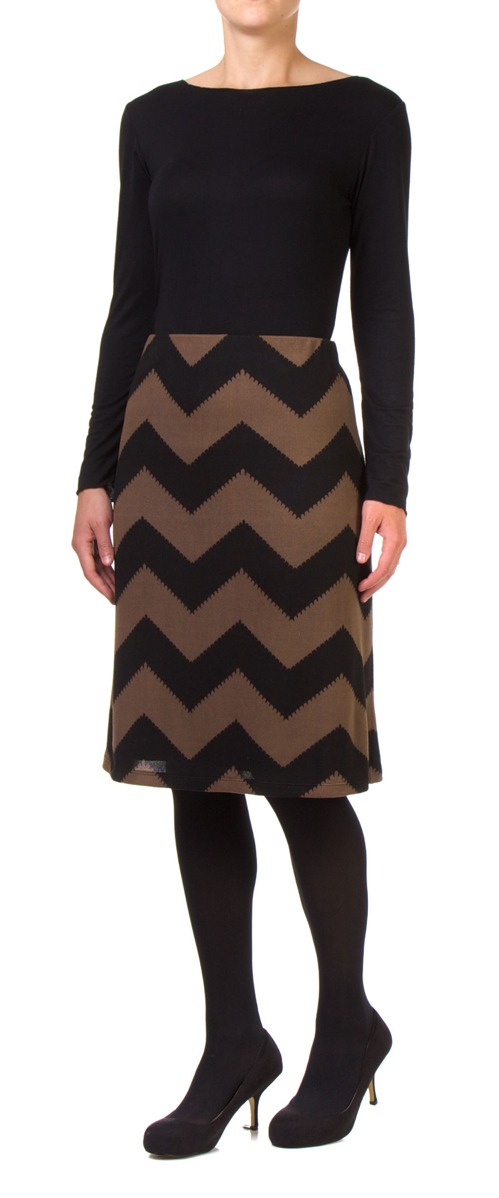 Stretch print skirt-Black and tan zig-zag