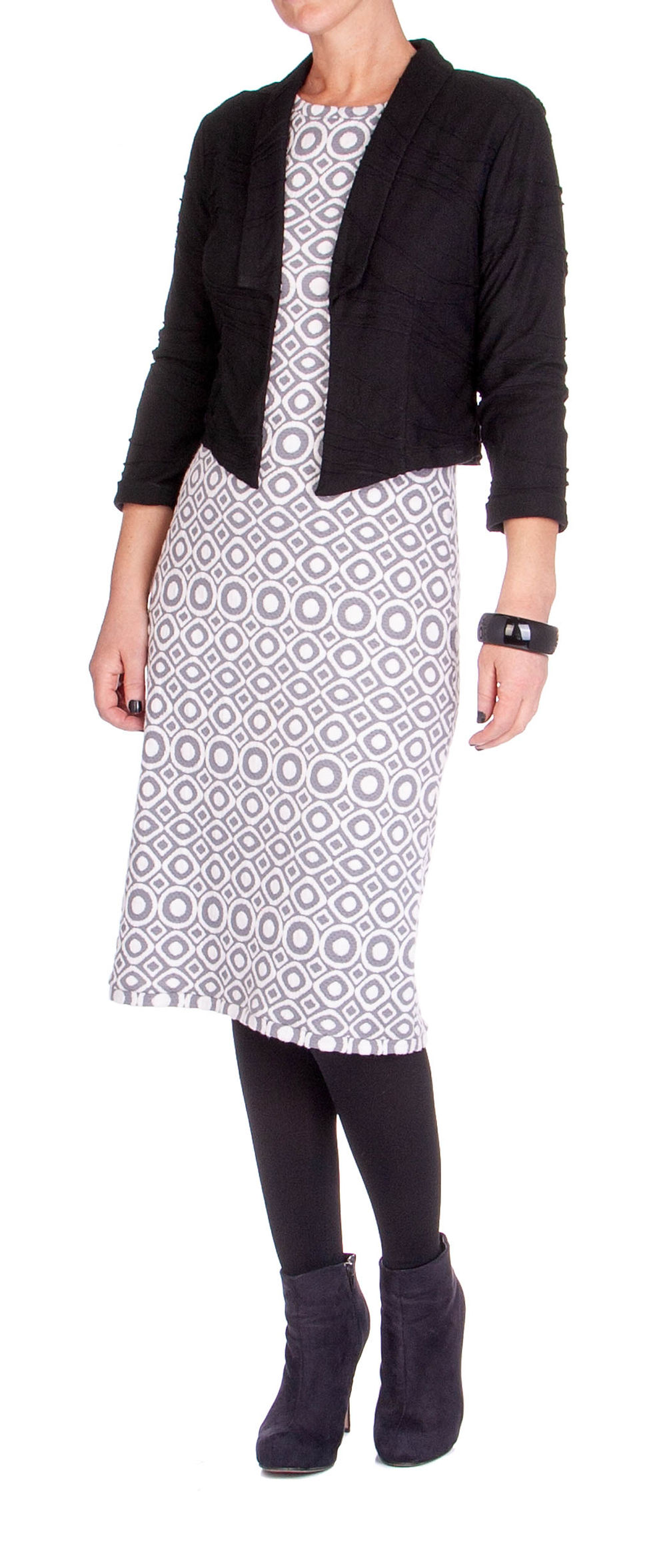 Thumbnail: Stretch dress with sleeves- Grey and white