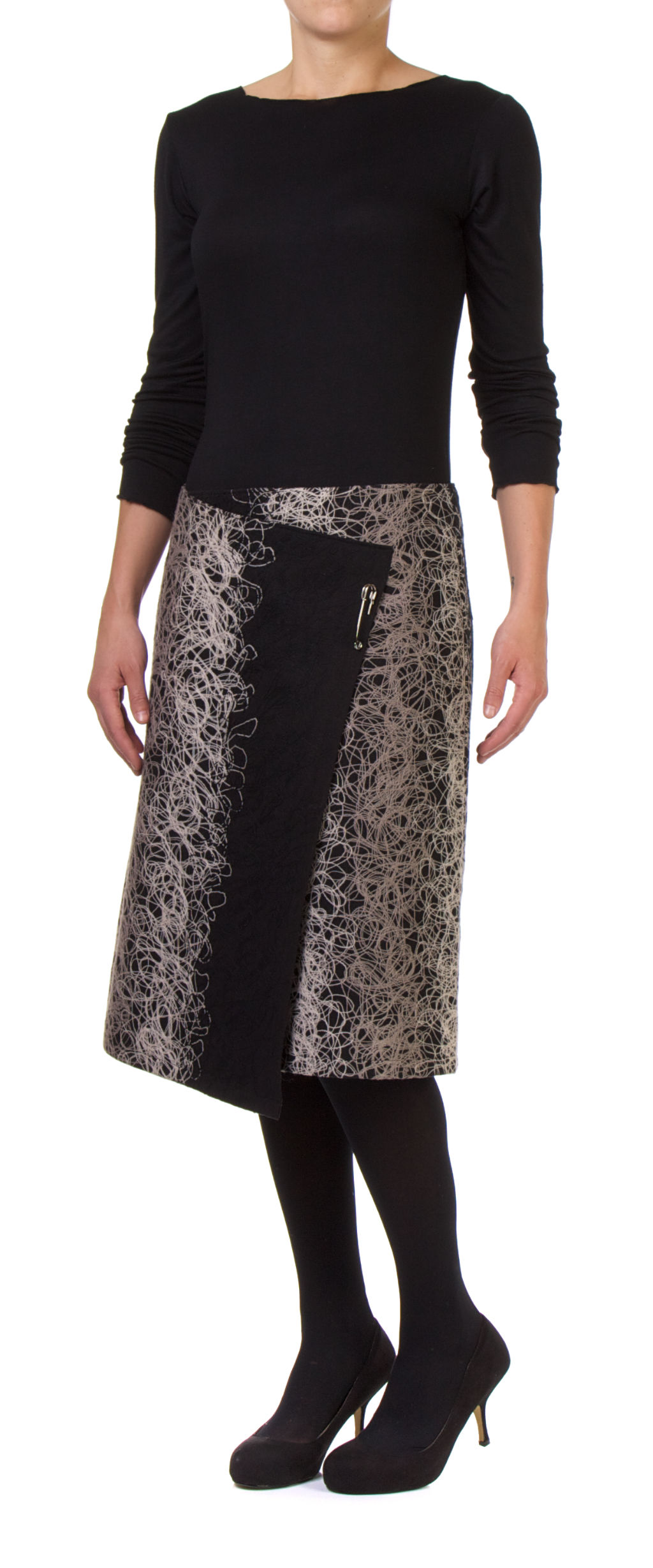 Black with black,grey and white felted swirls