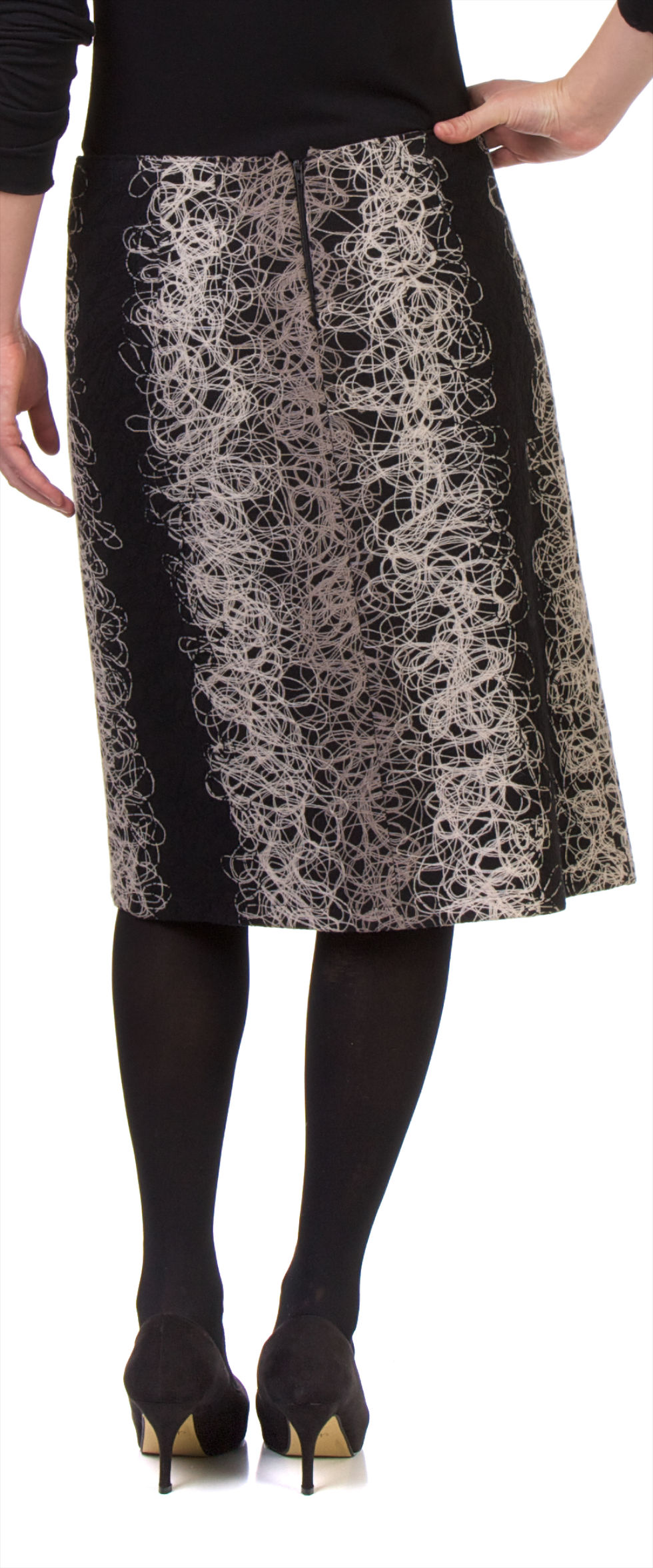 Thumbnail: Black with black,grey and white felted swirls