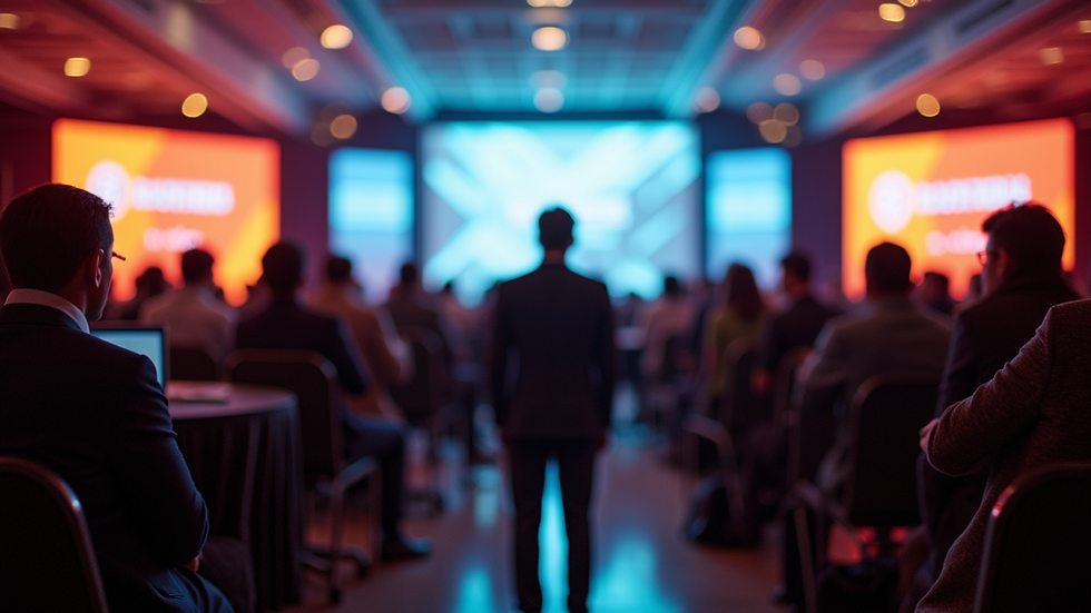 Eye-level view of a bustling conference hall filled with attendees networking