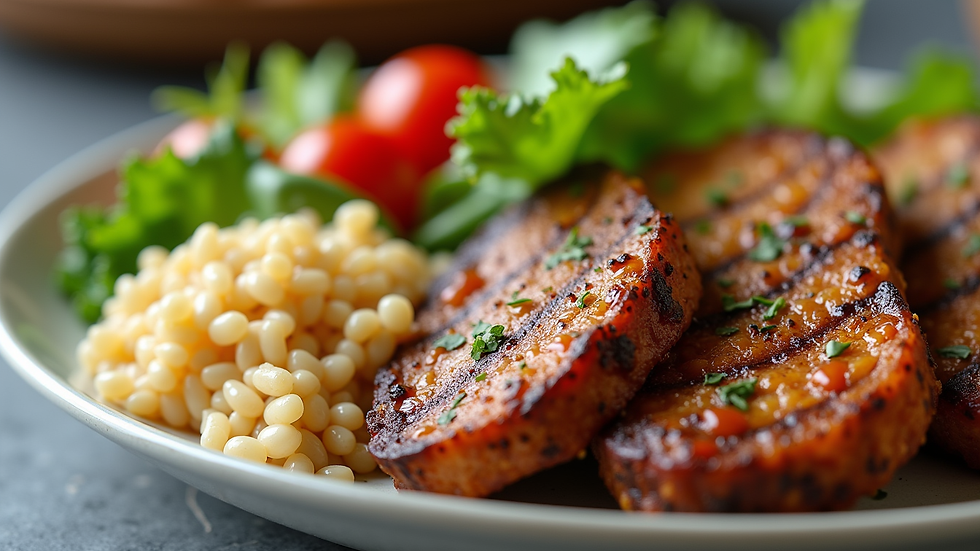 Close-up view of a balanced plate with protein, vegetables, and grains