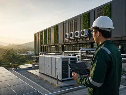 Engineer viewing solar panels, battery storage and industrial energy systems for EERE Conference 2026 in Malaysia.
