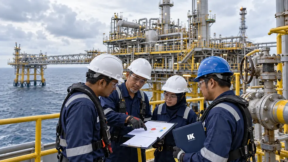 Malaysian oil and gas professionals reviewing offshore platform process-safety barriers and emergency systems during an IK Academy technical discussion.