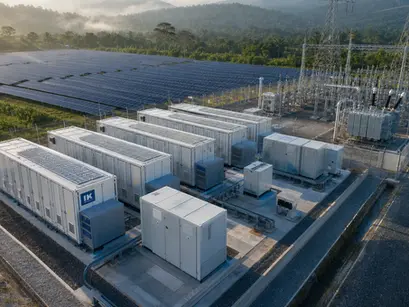 Utility-scale BESS containers beside a large solar PV field and electrical substation in Malaysia.