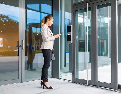 Firefly_Full view of a glass door with a woman trying to use her phone on a access control