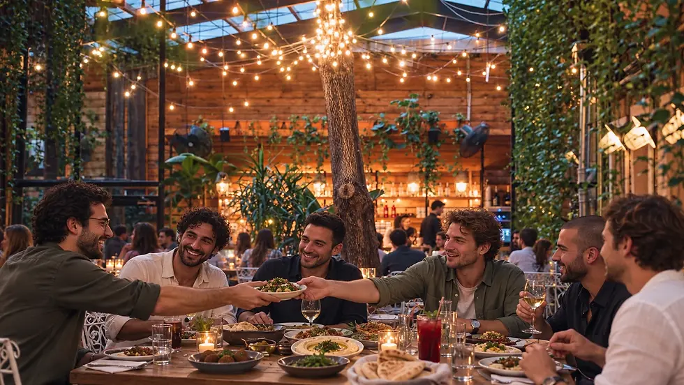 Mezze, fairy lights and greenery beneath Mazel Tov's glass roof