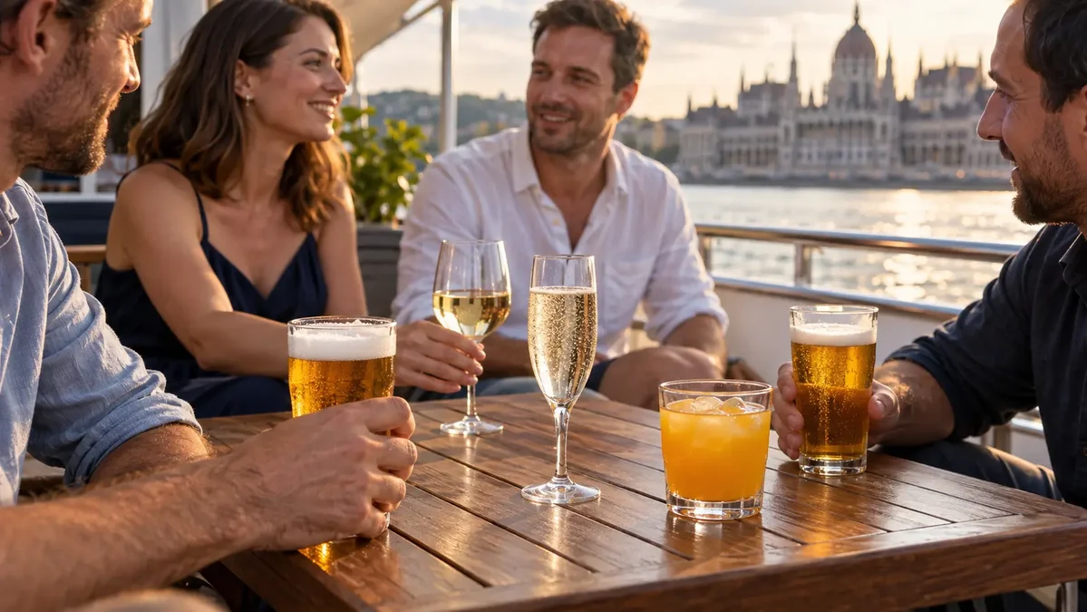 Beer, wine, prosecco and a soft drink on a boat table overlooking the Hungarian Parliament.