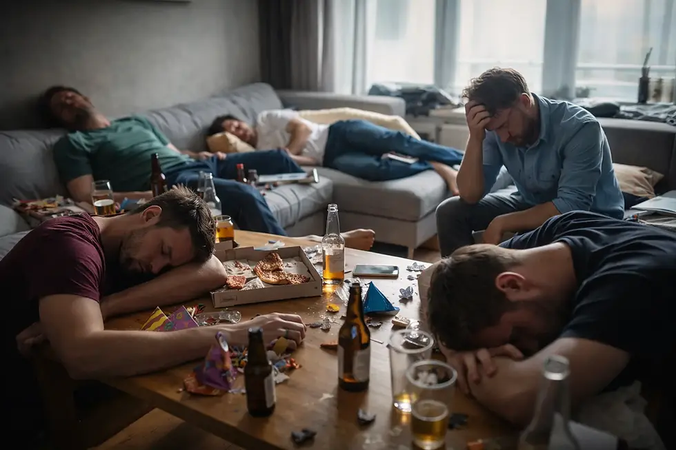 Budapest stag do planning 2026 visual showing a messy morning-after apartment scene with empty bottles and leftover food, highlighting how poor pacing and overpacked nights can ruin a weekend schedule.