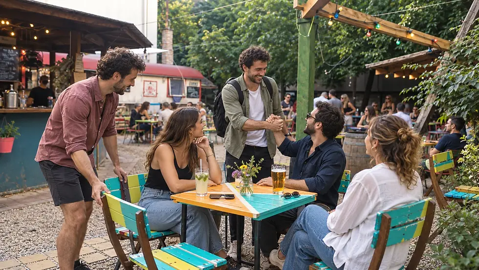 A courtyard greeting among the bright garden chairs at Kőleves Kert