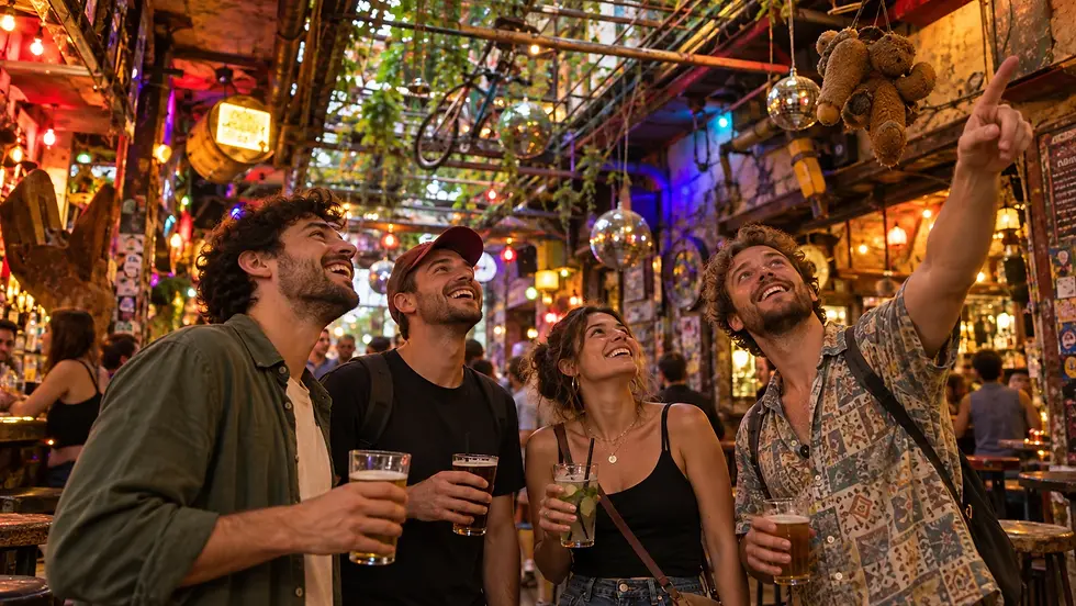 Colourful hanging objects above the bar at Szimpla Kert