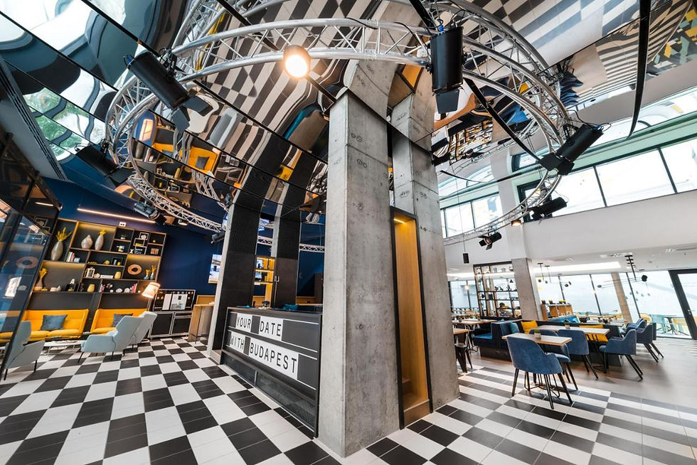 Trendy modern lobby at D8 Hotel Budapest, a vibrant social hub ideal for group getaways, lads’ trips and party-filled weekend stays in the city centre.