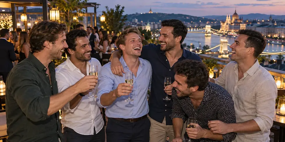 Friends celebrating a Budapest stag weekend on a rooftop terrace at dusk
