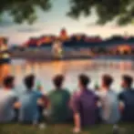 Five young men sit by the river bank of the Danube in Budapest, enjoying beers with the iconic skyline of Buda Castle and Chain Bridge in the background, capturing a perfect moment of friendship and leisure. This image complements the article 'Things to Do in Budapest for Lads,' highlighting one of the many activities that make for an unforgettable lads' weekend